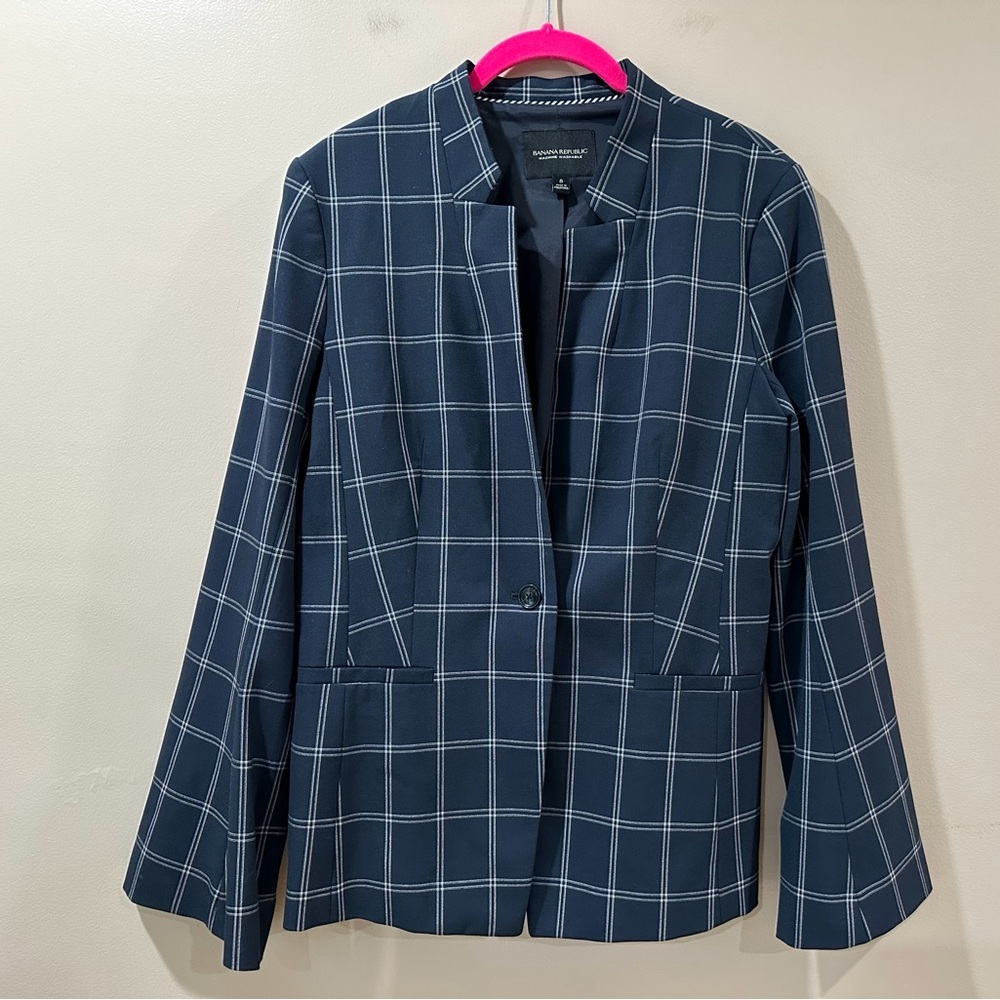 Banana Republic Women's 8 Windowpane Check Blazer Jacket Navy White Classic Fit - Picture 2 of 10